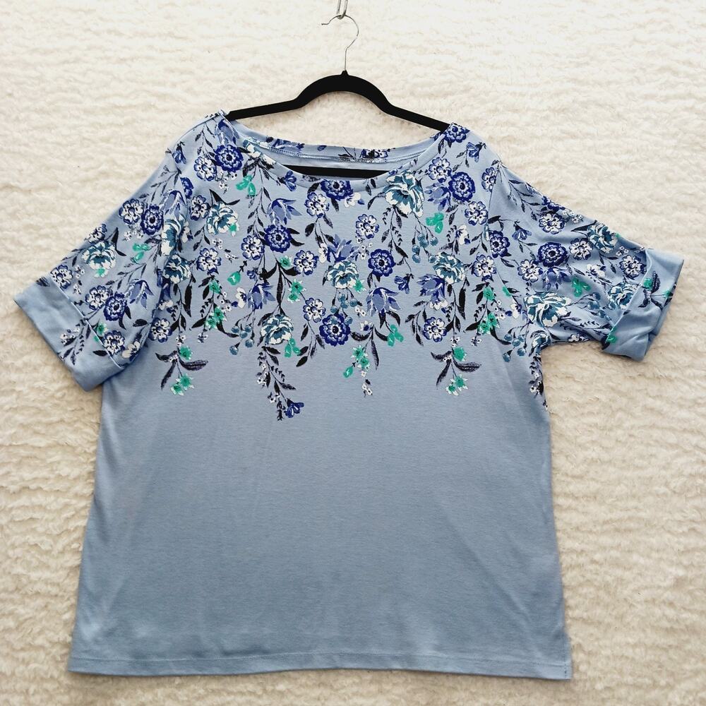 T-Shirt Women Blue Teal Floral Casual Vacation Resort Bloomcore Y2K Size 1X